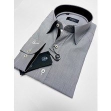 Chamis Slimfit Siyah Çizgili Garni Detaylı Uzun Yaka Gömlek