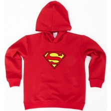 Sedirli Superman Baskılı Kapüşonlu Pamuklu Kumaş Çocuk Sweatshirt