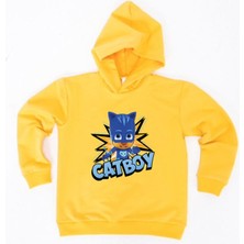 Sedirli Pj Maskeliler Catboy Baskılı Kapüşonlu Pamuklu Kumaş Çocuk Sweatshirt