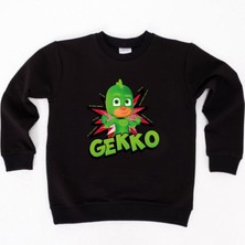 Sedirli Pj Maskeliler Gekko Baskılı Pamuklu Kumaş Çocuk Sweatshirt