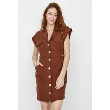 Select Moda Kadın Dokuma Düğme Detaylı Gömlek Elbise