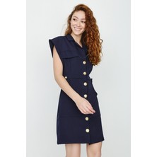 Select Moda Kadın Dokuma Düğme Detaylı Gömlek Elbise