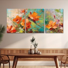 Gaagart 3'lü Kanvas Duvar Tablosu Yağlı Boya Dokulu Canlı Çiçekler