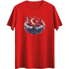 Çapıt  Pamuklu Istanbul Türk Bayrağı Baskılı Kırmızı Milli Tişört