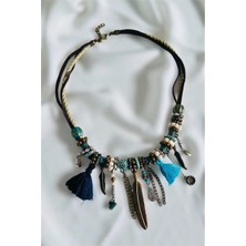 Petek Aksesuar Etnik Bohem Tasarım Püsküllü Tüy Kolye