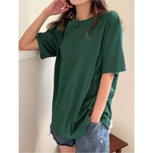 Wzone  Zümrüt Yeşil Bisiklet Yaka Pamuk Oversize Boyfriend T-Shirt