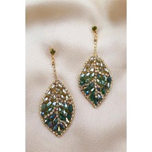 Petek Aksesuar Kristal Taşlı Tasarım Yaprak Küpe Yeşil