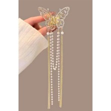 Petek Aksesuar Kelebek Full Taşlı Inci Zincir Sallantılı Mandal Toka