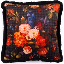 Çiçekli ve Siyah Püsküllü 43x43 cm Kare Kırlent Kılıfı