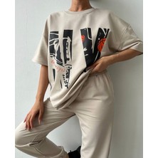 Amor Man Özel Tasarım Brooklyn Ny Baskılı  Pamuk Kısa Kollu Yazlık Dış Mekan Trend Kadın Eşofman Takımı