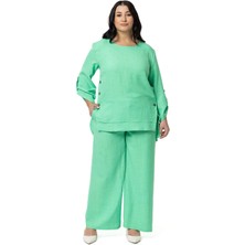 Büyük Beden Yanları Düğme Detaylı Bluz Pantolon Yeşil Ikili Takım