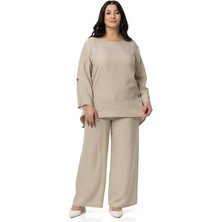 Büyük Beden Yanları Düğme Detaylı Bluz Pantolon Bej Rengi Ikili Takım