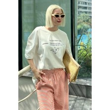 Madmext Ekru Oversize Kalp Baskılı Bisiklet Yaka Kısa Kollu Tişört MG2129