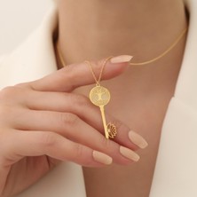 Nox Jewelry 14 Ayar Altın Mikron Kaplama Hayat Ağacı Anahtar Gümüş Kolye – Lotus Detaylı Spiritüel Tasarım