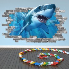 Jeronkarji Büyük Beyaz Köpekbalığı Gri Tuğla 3D Delik Dekoratif Duvar Sticker Çıkartması Bebek Çocuk Odası