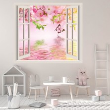Jeronkarji Pembe Kelebek ve Çiçekler 3D Pencere Dekoratif Duvar Sticker Çıkartması Bebek Çocuk Odası