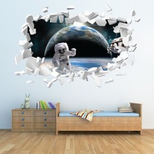 Jeronkarji Astronot ve Planet Earth Beyaz Tuğla 3D Delikli Dekoratif Duvar Sticker Çıkartması Bebek Çocuk Odası