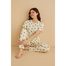 Farya Home Dreamy Ipeksi Kaşkorse Çilek Desenli Kısa Kollu Pijama Takımı