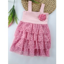 Bonboner Kids Kız Çocuk Dantelli Elbise Askılı Çiçek Detaylı Pembe ve Açık Pembe Renk Seçenekleri