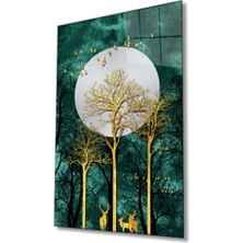 Rosyvien Gold Ağaç ve Ay Cam Tablo, Yeşil Soyut Geyik ve Kuş, Ev Ofis Duvar Dekoru, Hediyelik, Temperli Cam