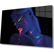 Rosyvien Rengarenk Parıltılı Mavi Kadın Portresi Cam Tablo, Ev Ofis Duvar Dekoru, Hediyelik, Temperli Cam