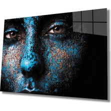 Rosyvien Mavi Boyalı Kadın Portresi Cam Tablo, Kirpikli Detaylı, Ev Ofis Hediyelik Duvar Dekoru, Temperli Cam