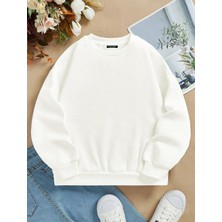 Softway Unisex Oversize Bisiklet Yaka Basic Düz Sweatshirt - Ekru