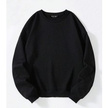 Softway Unisex Oversize Bisiklet Yaka Basic Düz Sweatshirt - Siyah