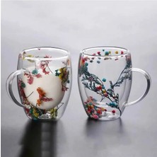 Hediye Ofisi Isıya Dayanıklı Borosilikat Çift Çidarlı Flower Cup Çiçekli Bardak | Çiçekli Kahve Sunum Bardağı