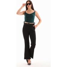 Alinda Kemerli Fermuarlı Yanlardan Cepli Ispanyol Paça Dabıl Kadın Pantolon