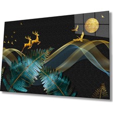 Rosyvien Gold Geyikler ve Kuşlar Cam Tablo, Soyut Ay Yaprak, Ev ve Ofis Duvar Dekoru, Hediyelik, Temperli Cam