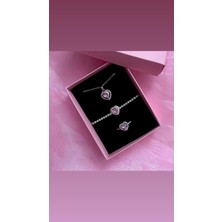 DMR Accessoire Çelik Kalp Pembe Su Yolu Bileklikli 3 Set Kolye Yüzük Bileklik Seti