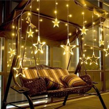 Rkm Store Dekoratif LED Işıklı Yıldız Perde LED Animasyonlu Yıldız Perde LED Fişli 12 Sarkıtlı