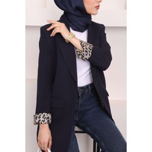 İmaj Butik Kadınlar İçin Lacivert Kruvaze Yaka Cepli Blazer Ceket Dokuma Kumaş ve Şık Detaylarla