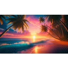Venspor Tropik Palmiye Ağaçları ve Renkli Gün Batımı Manzarası Arkaplan 200 x 150 cm Fon Duvar Örtüsü