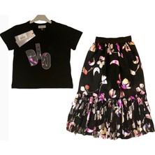 Little Tortoise Kız Çocuk Parlak Çiçekli Baskı Desenli Tütülü Etek Taş Işlemeli Tişört