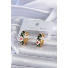 Reka Moda 316L Çelik Gold Renk Siyah Çiçek Işleme Kadın Küpe