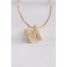 Reka Moda 316L Çelik Zincirli Zirkon Taşlı M Harfli Gold Renk Bubble Kolye