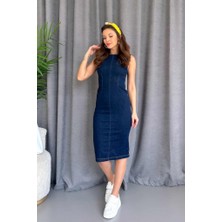 Stock Mount Kadın Sırt Fermuar Detay Sıfır Kol Likralı Kot Elbise