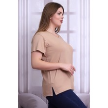 Cotton Mood B21399902 Büyük Beden Viskon V Yaka Kısa Kol Bluz Bisküvi