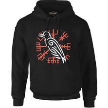 Lord T-Shirt Viking Logo - Karga Siyah Erkek Fermuarsız Kapşonlu