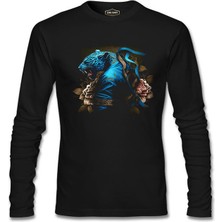 Lord T-Shirt Blue Chinese Tiger With Flowers And Ribbon Siyah Erkek Sweatshirt