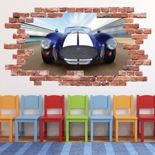 Jeronkarji Mavi Klasik Yarış Arabası Kırmızı Tuğla 3D Delik Dekoratif Duvar Sticker Çıkartması Çocuk Odası