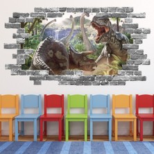 Jeronkarji Dinozor Savaşı T-Rex Triceratops Gri Tuğla 3D Delik Dekoratif Duvar Sticker Çıkartması Bebek Çocuk