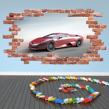 Jeronkarji Kırmızı Yarış Spor Araba Kırmızı Tuğla 3D Delik Dekoratif Duvar Sticker Çıkartma Bebek Çocuk Odası