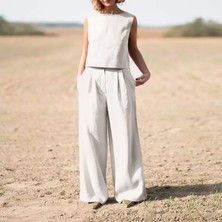 Barbora Keten Günlük Rahat  Kolsuz  Alt Üst Kadın Takım