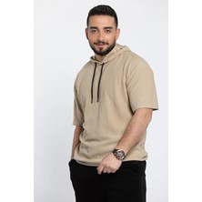 Julude Bej Çizgi Desenli Kapüşonlu Erkek Spor Tişört P-00009234