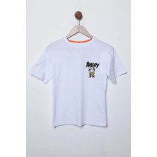 Julude Beyaz Kedi Baskılı Bisiklet Yaka Erkek Çocuk Tişört P-00009699