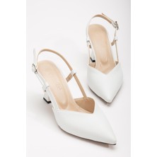 Büyük Numara Yan Direkli V Yüzlü Cilt Beyaz Kadın Topuklu Ayakkabı
