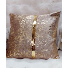 Baladi Home Yastık Kılıfı Kadife Kumaş Altın Deri Aksesuarlı Kadife Görünümlü Kare Kırlent Kılıfı 40 x 40CM